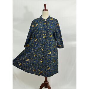 ZURI Kenya Sz L Blue Gold Print Cotton Shirt Dress 3/4 Slv